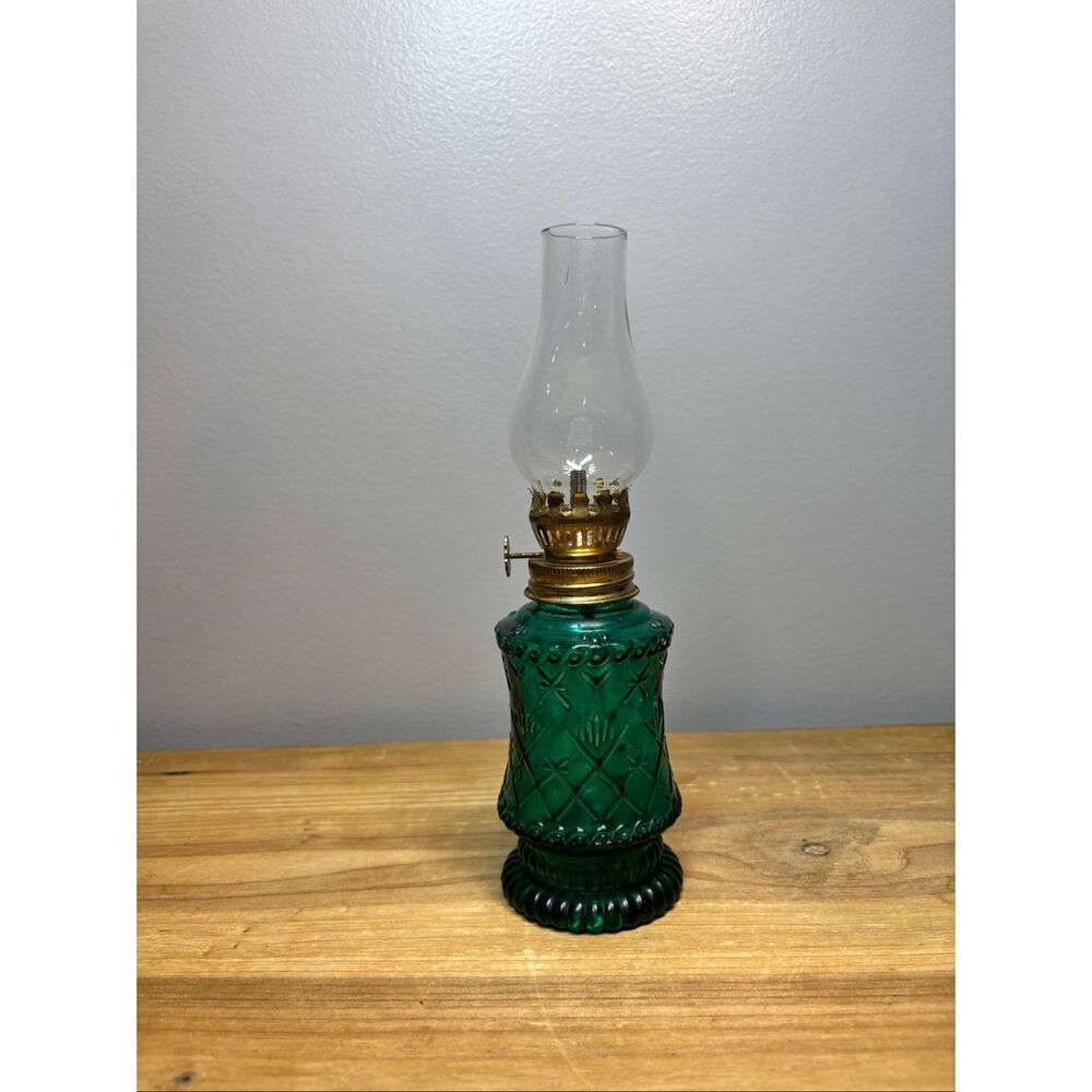 Vintage Miniature Emerald Green Glass Oil Lamp 9.5”